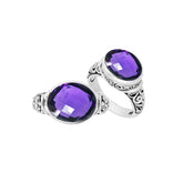 Handcrafted Sterling Silver Elegant Amethyst Quartz Oval Balinese Scrollwork Luxury Statement Ring.